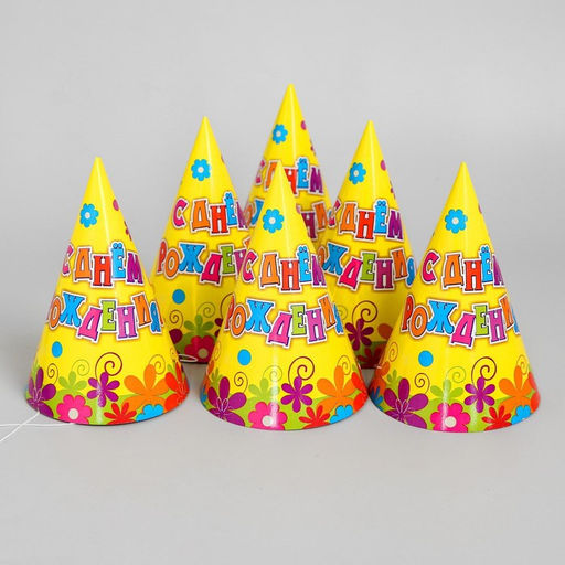 Бумажные колпаки «С днём рождения! Цветы», набор 6 шт., 16 см