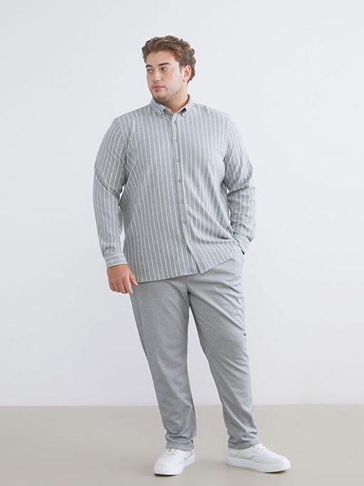 B?y?k Beden Slim Fit Uzun Kollu ?izgili Erkek G?mlek