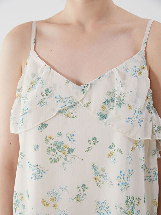 V Yaka ?i?ekli Ask?l? F?rf?rl? Bluz