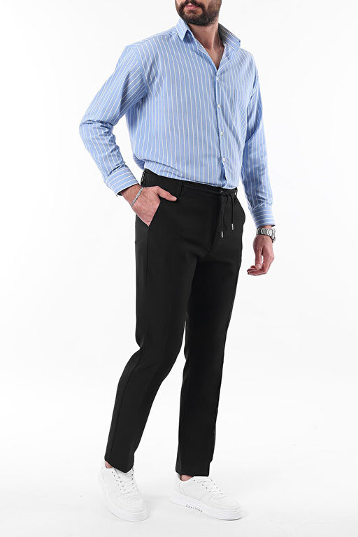 Siyah Slim Fit Beli Ba_lama Detayl_ Lastikli Kuma_ Dokuma Pantolon TMNAW25PL00027