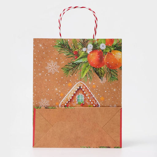 Пакет бумажный подарочный новогодний крафт «Пряничный домик» 18×22.3×10 см