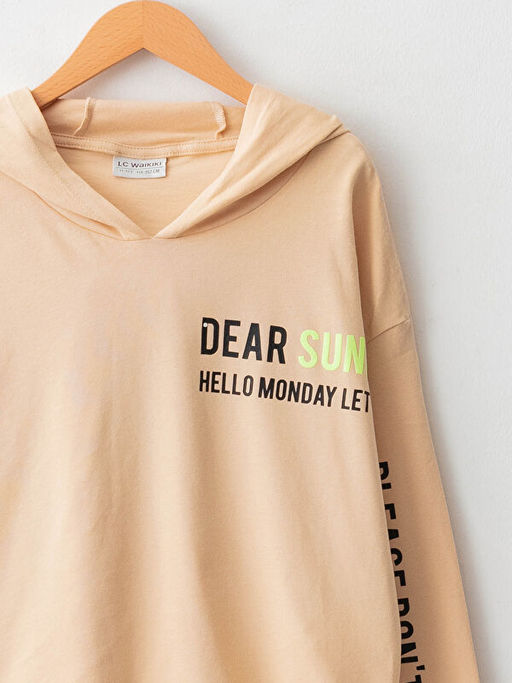 Kap??onlu Bask?l? Uzun Kollu Pamuklu K?z ?ocuk Ti??rt - Waikiki фото 3