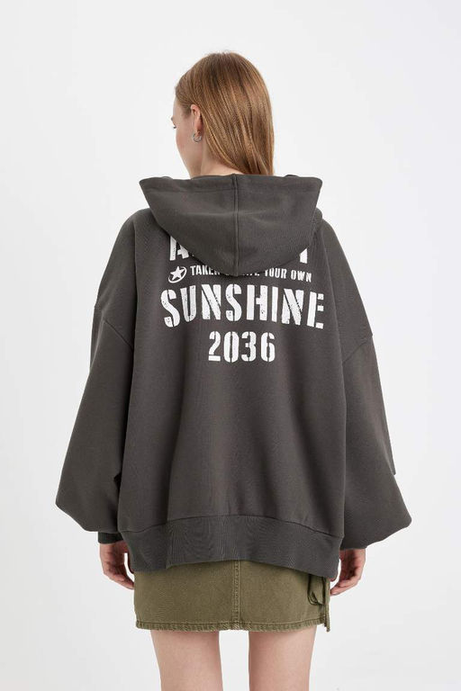 Кардиган оверсайз из плотной ткани с капюшоном и принтом - Defacto фото 8