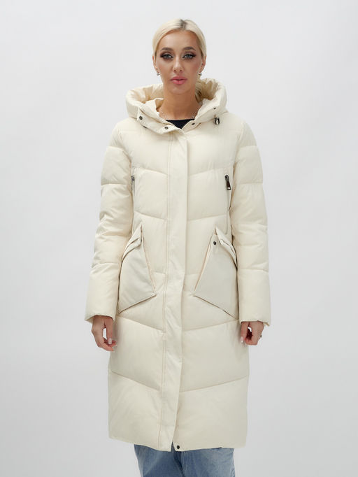 Пальто утепленное стеганное зимнее с капюшоном женское бежевого цвета 9639B - Mtforce фото 3
