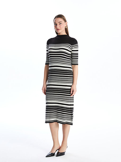 Bisiklet Yaka ?izgili K?sa Kollu Kad?n Triko Elbise