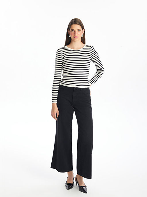 Bisiklet Yaka ?izgili Uzun Kollu Kad?n Triko Kazak