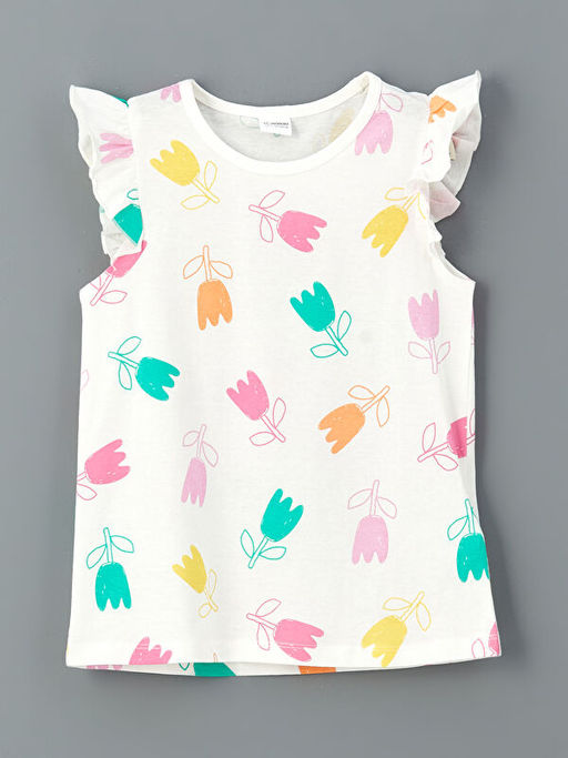 Bisiklet Yaka ?i?ekli K?z ?ocuk ?ortlu Pijama Tak?m?