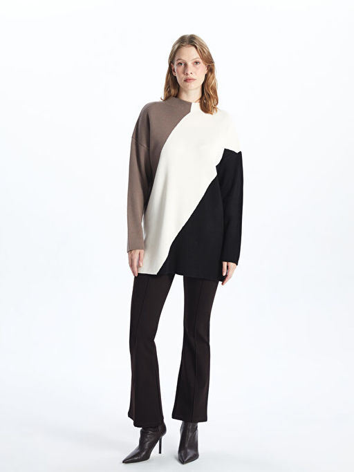 Yar?m Bal?k?? Yaka Renk Bloklu Kad?n Triko Tunik