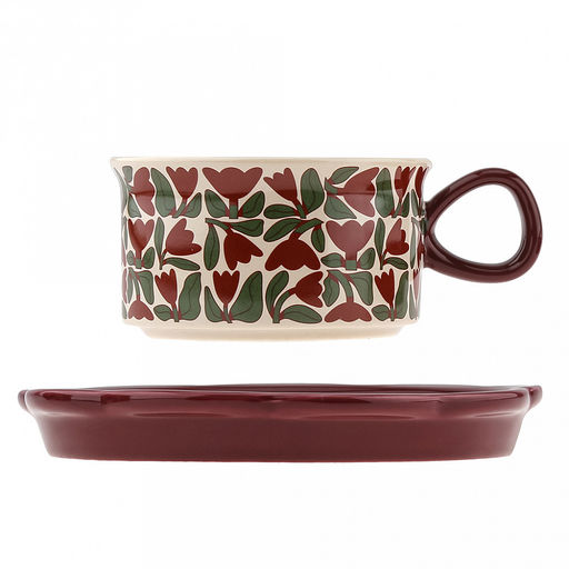 "Вдохновленные цветами" Чашка фарфоровая 250мл, д9,9см h5,5см, с блюдцем д16см h2см, общая h6,5см, глянцевая глазурь, с деколью "Красная роза", волнистый край, отводка, в коробке (Китай)