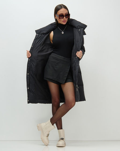 Пальто зимнее утепленное с капюшоном женское черного цвета 7700Ch - Visdeer фото 5