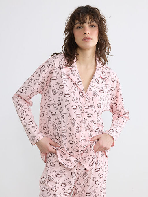 G?mlek Yaka Desenli Kad?n Pijama Tak?m