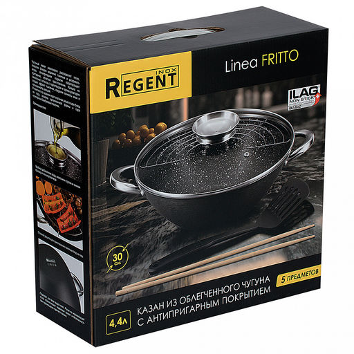 Казан чугунный "Linea FRITTO" 4,4л, д30см, h32см, антипригарное покрытие, крышка из закаленного стекла с пароотводом и арома-дозатором, "Regent" (Китай) Подходит для всех видов плит, включая индукционную.