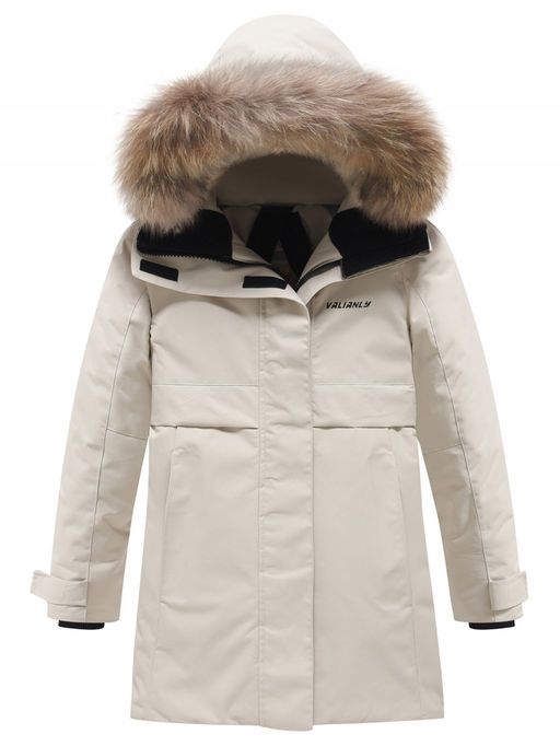 Парка зимняя подростковая для девочки с капюшоном и мехом бежевого цвета 9534B