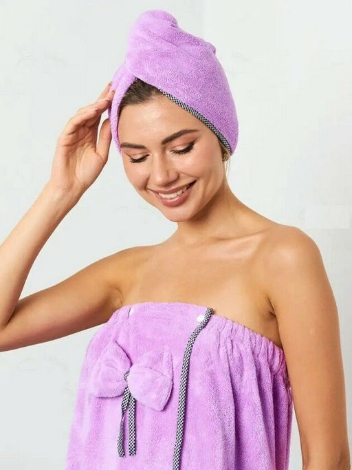 Комплект женский для бани и сауны Бьюти-СИРЕНЕВЫЙ микрофибра 3 пр. (парео + чалма+полотенце) - Лен поволжья фото 5