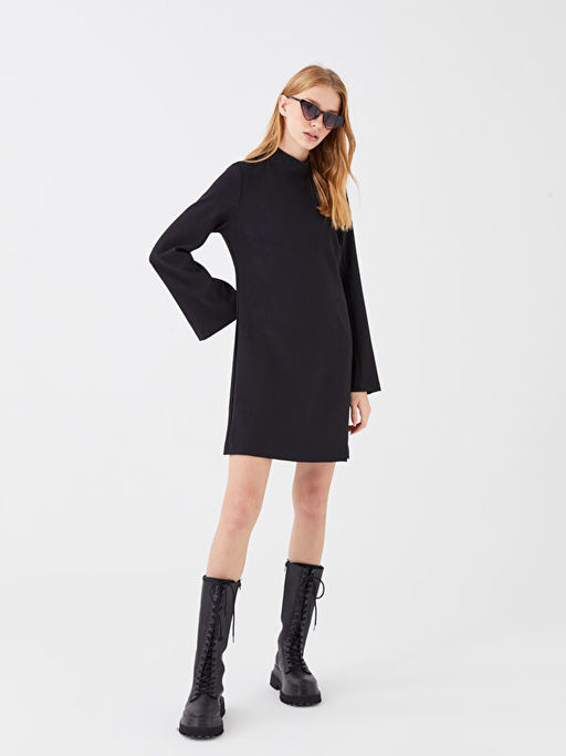 Dik Yaka D?z Uzun Kollu A Kesim Elbise