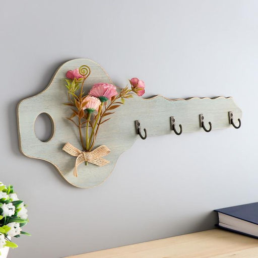 Настенные крючки декоративные «Ключик с букетом цветов», дерево, 16.5×34×2.5 см