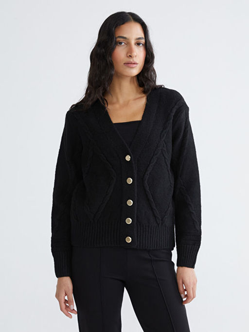 V Yaka Kendinden Desenli Kad?n Triko H?rka