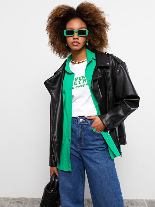 Kad?n Biker Yaka D?z Deri G?r?n?ml? Mont