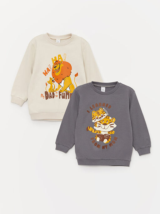 Bisiklet Yaka Uzun Kollu Bask?l? Erkek Bebek Sweatshirt 2li