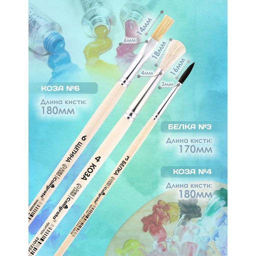 Набор кистей для рисования, белка, коза, щетина, 3 штуки: № 3, № 4 (круглые), № 6 (плоская), Calligrata, круглые, плоская, деревянная ручка, в пакете