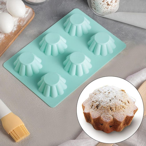 Форма для выпечки Доляна «Сладости. Круг риб», силикон, 25.5×17.5×3 см, 6 ячеек (d=7 см), синяя