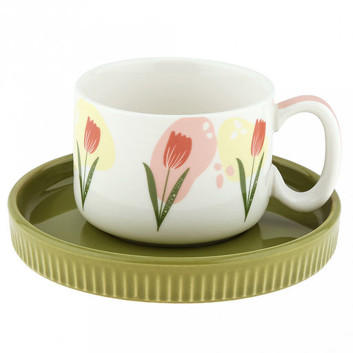 Чашка фарфоровая "Тюльпаны" 200мл, д8см h5,9см, с блюдцем д13,5см h2см, глянцевая глазурь, с деколью, цвет - зеленый, в коробке (Китай)