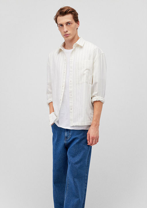 Cizgili Beyaz Gomlek - Mavi фото 2