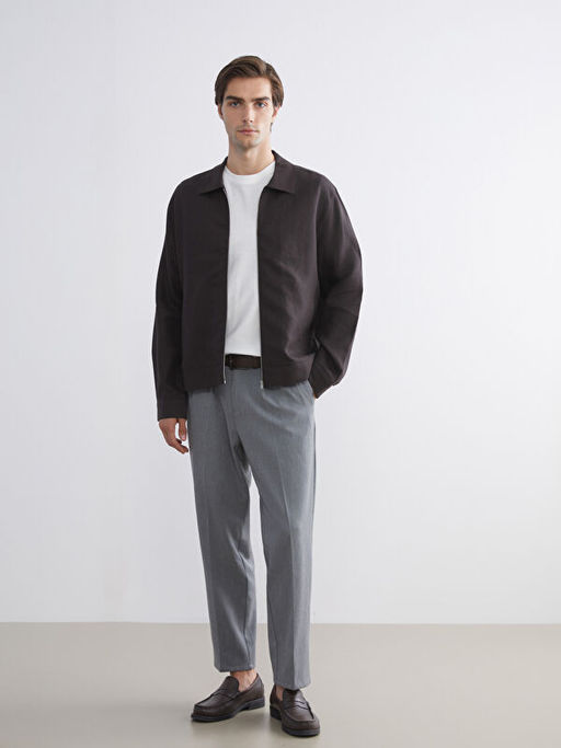 Standart Kal?p G?mlek Yaka %100 Keten Erkek Mont