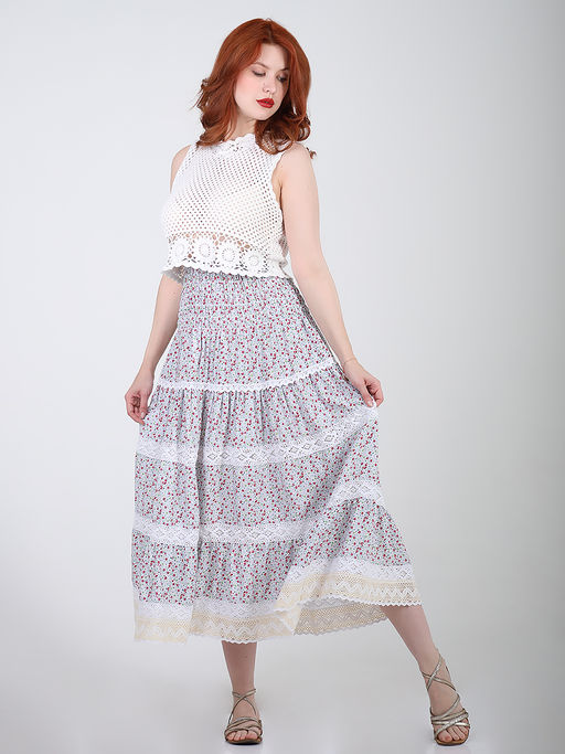 Дизайнерская юбка летняя с кружевом в цветочек