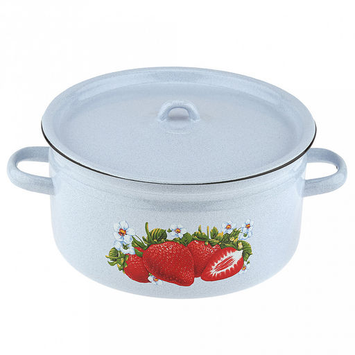 Сочная клубника Кастрюля эмалированная 5,5л, форма цилиндрическая, металлическая крышка, металлические ручки, белый рябчик (Россия)