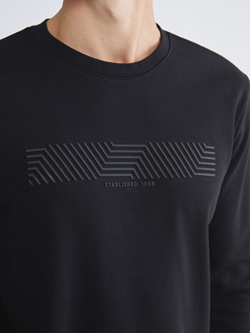 Bisiklet Yaka Bask?l? Erkek Kal?n Sweatshirt