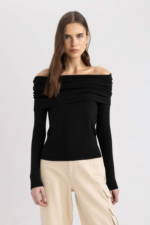 Приталенный свитер с открытыми плечами - Defacto фото 3