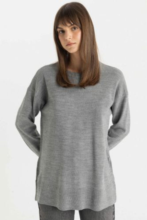 Regular Fit Bisiklet Yaka Y?rtmacl? Basic Duz Triko Kazak Tunik