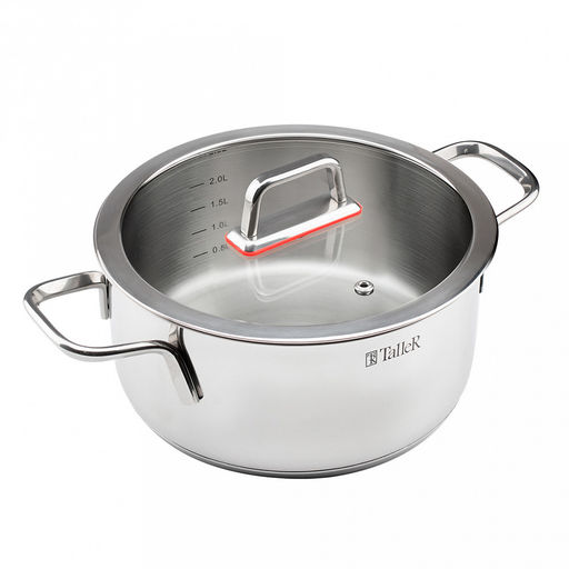 Кастрюля из нержавеющей стали "Tendency" 2,8л, д20см, h9,8см, s0,6мм, дно s2,8мм, плоская стеклянная жаропрочная крышка, пароотвод, стальной обод, капсулированное дно, прутковые ручки из нержавеющей стали на точечной сварке, полировка снаружи - зерка