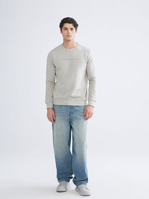 Bisiklet Yaka Bask?l? Erkek Sweatshirt