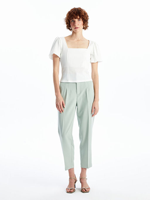 Kare Yaka D?z K?sa Kollu Crop Kad?n Bluz