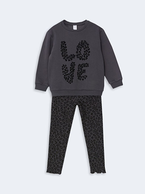 Bisiklet Yaka Leopar Desenli K?z ?ocuk Sweatshirt ve Tayt 2li