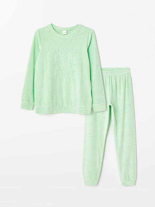 Bisiklet Yaka Kadife K?z ?ocuk Pijama Tak?m?