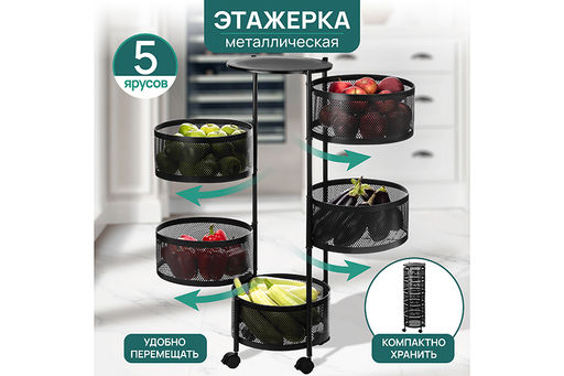 Этажерка 5 ярусов 33,5*33,5*90 см Черная на колесиках, металлическая
