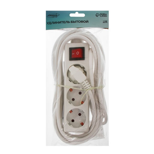 Удлинитель Luazon Lighting, 3 розетки, 5 м, 6 А, 1300 Вт, 3×0.75 мм2, с заземлением, с выключателем, белый