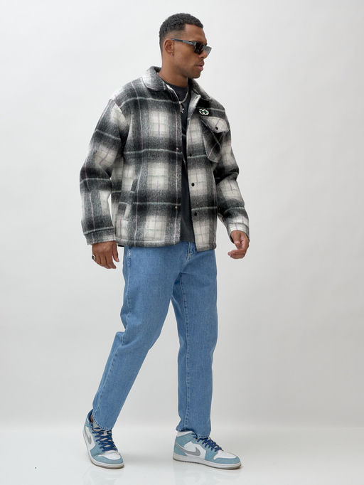 Куртка рубашка шерстяная в клетку мужская демисезонная темно-серого цвета 58592TC