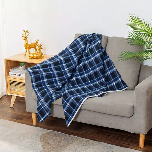 Плед/покрывало 150х200см "Синяя клетка", флис набивной, полиэстер 100%, плотность 160г/м2, упаковка 15х25см, пояс бумажный, т.м. "Домашняя Мода" (Россия)