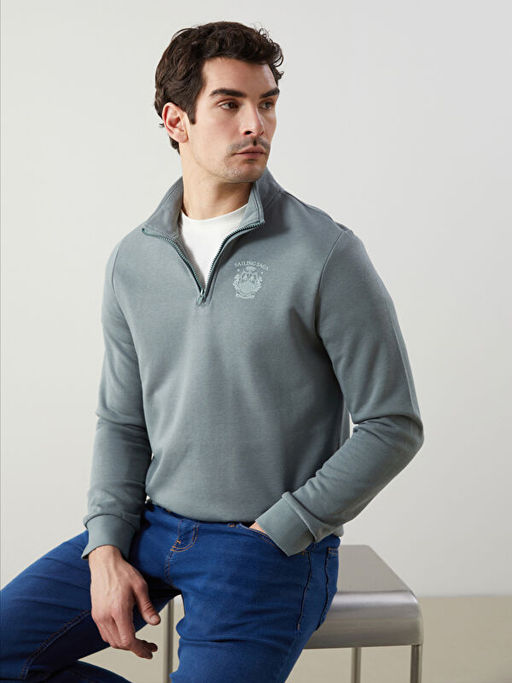 Dik Yaka Uzun Kollu Bask?l? Erkek Sweatshirt