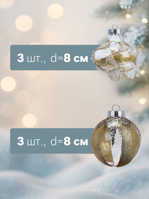 Ёлочные шары новогодние Мелвин, набор 6 шт., d=8 см, прозрачный/бело-золотой - Simaland фото 2