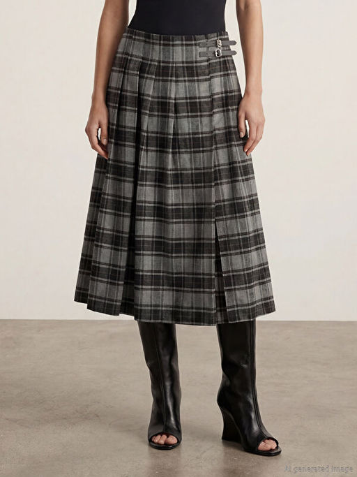 Y?ksek Bel Ekose Pileli Etek