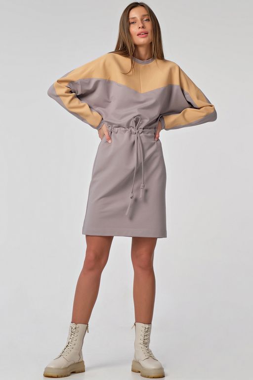 Платье короткое с кулиской на талии из футера пепельное - Fly фото 5