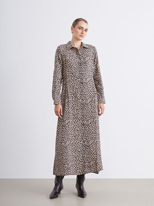 Modal Kar???ml? Leopar Desenli G?mlek Elbise