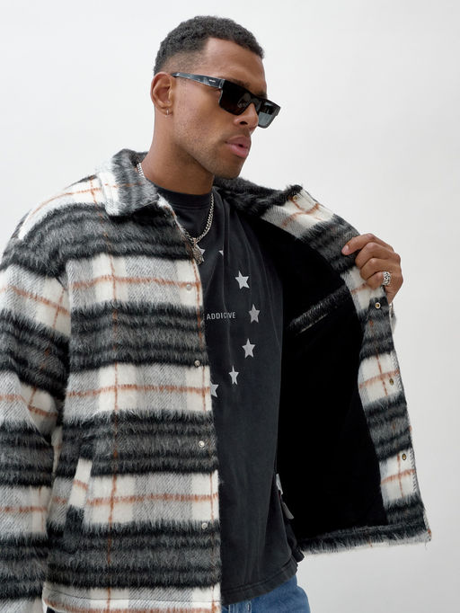 Куртка рубашка шерстяная в клетку мужская демисезонная темно-серого цвета 58565TC