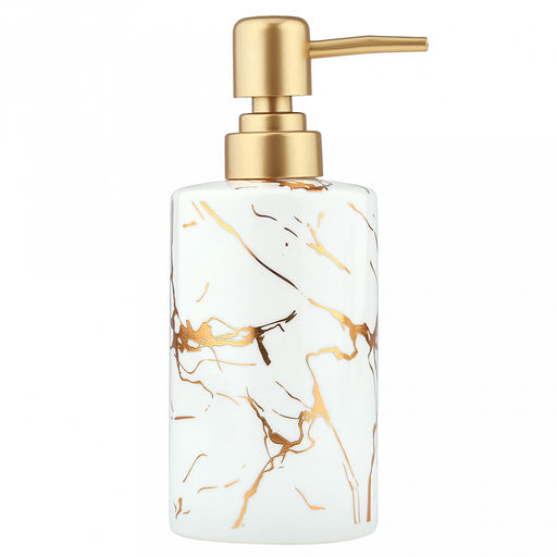 Набор для ванной "Мрамор" 4 предмета: дозатор для мыла 360мл, д7см, h17,8см; мыльница 11,3х7,8х2,4см; стакан для зубных щеток с разделителем 330мл, д7см, h10,7см, стакан 290мл, д6,3см, h11см; фурнитура пластик "под золото", глянцвая глазурь, белый/зо