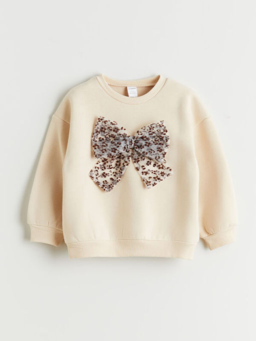 Bisiklet Yaka Fiyonk Bask?l? K?z ?ocuk Sweatshirt